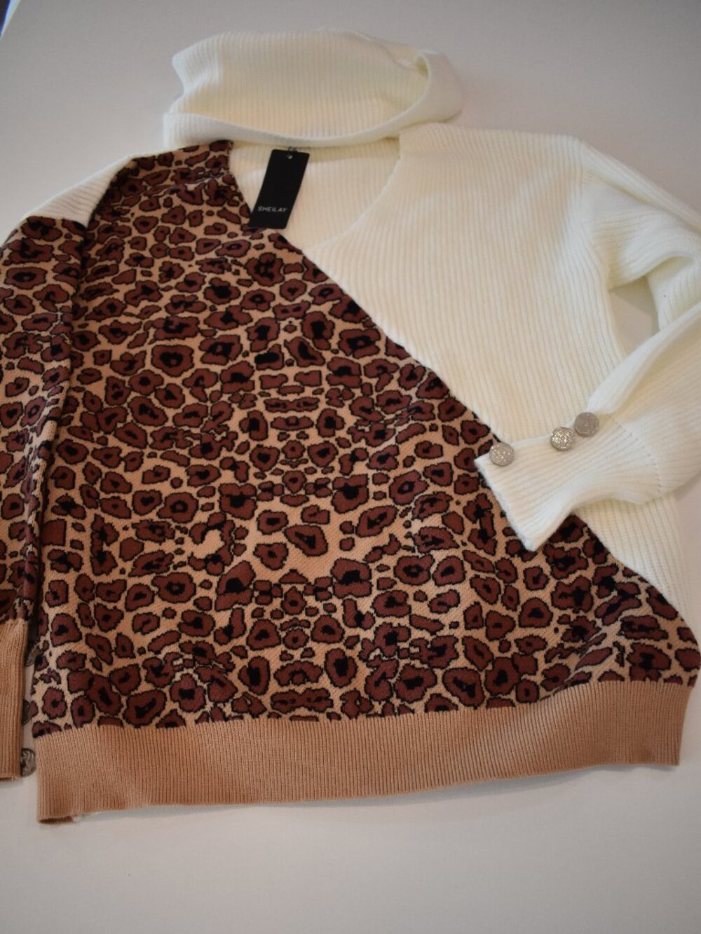 SHEILAY Women L Leopard Color Block Sweater Ivory Mock Neck NWT Button Cuffs